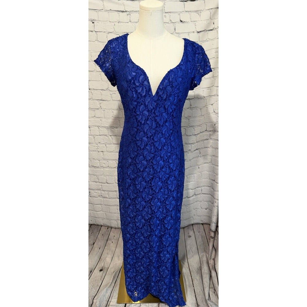 Connected Apparel Cobalt Blue Stretch Sequin Lace Maxi Dress Size 10